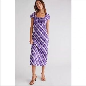 Free People Natalya Plaid Midi Dress in Purple Size XS NWOT